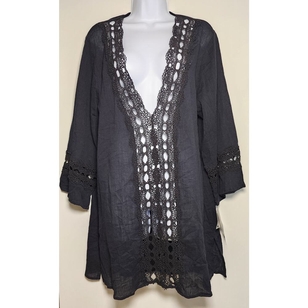 La Blanca Boho Sheer Lace Kimono Beach Cover Up Large NWT